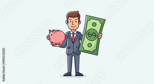 Man holding piggy bank and dollar bill.