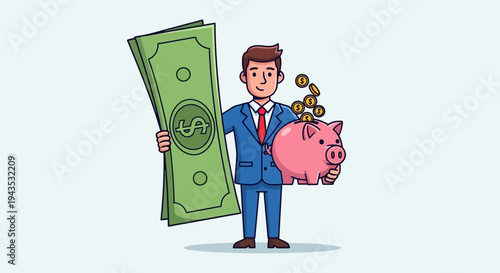 Man in Suit Holding Cash and Piggy Bank.