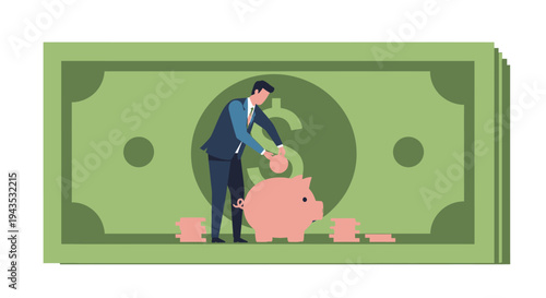 Man in Suit Pouring Money into Piggy Bank.