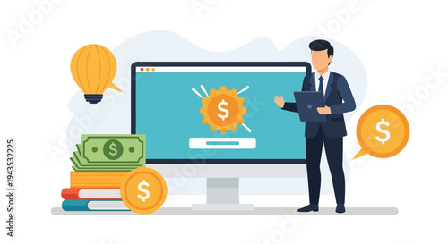 Man in Suit Standing Next to Computer.