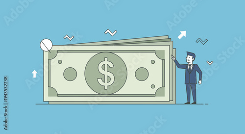 Man in Suit Standing Next to Large Dollar Bill.