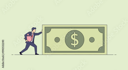 Man Pushing Large Dollar Bill Illustration 1.