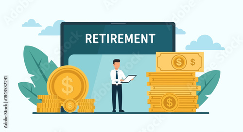 Man Planning Retirement with Gold Coins and Money.