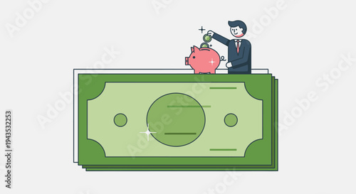 Man Putting Coin into Piggy Bank on Dollar Bill.