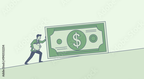 Man Pushing Large Dollar Bill Illustration.