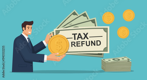 Man Receiving Tax Refund Check and Coins.