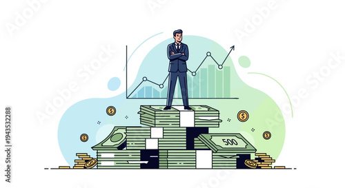 Man Standing on Stack of Banknotes.