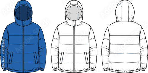 Men Hooded Puffer Jacket Technical Flat Sketch Vector Illustration Set in Front and Back View