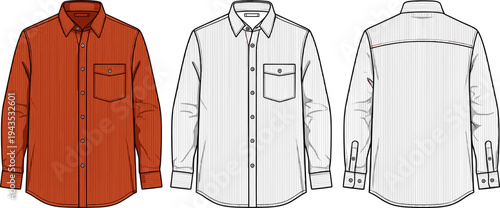 Men Long Sleeve Button Up Shirt Technical Flat Sketch Vector Illustration Set in Front and Back View
