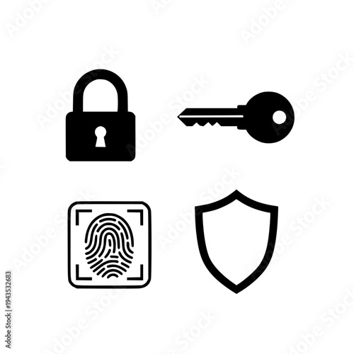 password security icon set black glyph lock key fingerprint shield vector