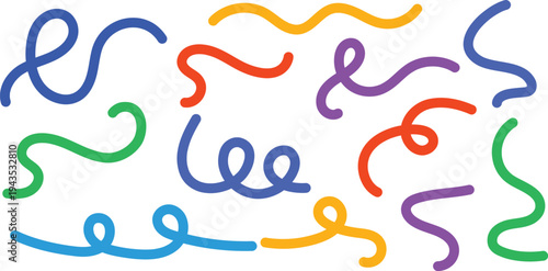 Colorful Squiggle Line Collection. Abstract Wavy Doodle Curves Vector Set Isolated on Transparent Background