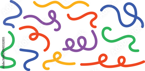 Colorful Squiggle Doodle Lines Set. Abstract Wavy Curves Collection Vector Isolated 