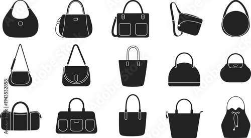 Collection of women handbag silhouettes set including tote, shoulder, crossbody, purse and travel bag icons isolated on light background for fashion accessory design