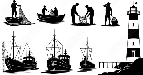Commercial fishing silhouettes with fishermen casting nets, boats at sea and coastal lighthouse illustrating traditional fishing industry, maritime work and ocean livelihood