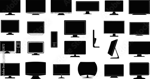 Computer monitor and desktop display silhouette collection featuring various modern screen designs isolated on light background, technology device icon set for digital workspace