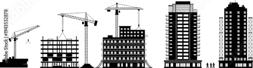 Construction cranes building high rise city skyline silhouettes urban development architecture project with tower cranes and modern buildings vector illustration set