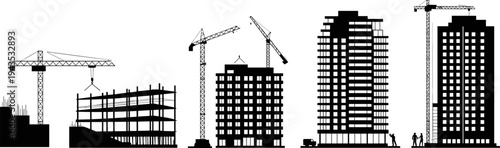 Construction crane and high rise building silhouettes urban development skyline with tower cranes constructing modern city architecture vector illustration set isolated