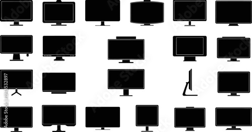 Computer monitor silhouette collection set with various desktop display screens isolated on light background, modern technology device icons for digital workspace design