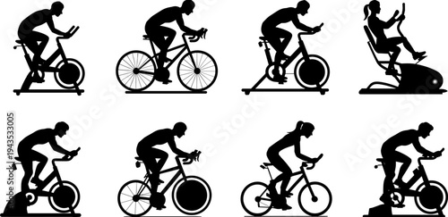 Cycling workout and stationary bike silhouette set featuring indoor cycling, road bicycle training and cardio fitness exercise equipment for gym workout and healthy lifestyle