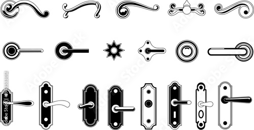 Decorative door handle and knob silhouette collection with vintage and modern lever designs, architectural hardware set isolated illustration for interior doors, furniture fittings, and home design