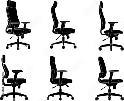 Ergonomic office chair silhouette collection modern adjustable swivel desk chairs with armrests and wheels workspace furniture design vector illustration isolated set 