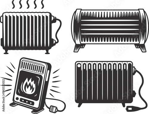 Electric heater and radiator silhouette icon set including oil filled radiator, portable heater and home heating appliances isolated for winter temperature control concept