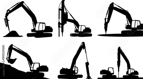 Excavator construction machinery silhouette set hydraulic excavators digging drilling and demolition heavy equipment industrial construction engineering vector illustration isolated collection