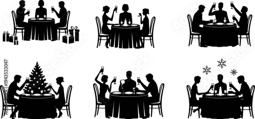 Family dinner silhouettes celebrating holiday meal around table with drinks, gifts and Christmas tree representing festive gathering, celebration and seasonal dining tradition