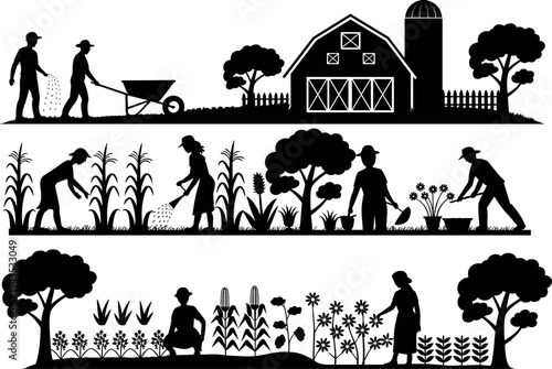 Farm agriculture and gardening silhouettes with farmers planting watering crops barn trees rural landscape vector illustration collection isolated on white background