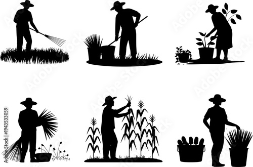 Farmer and gardener silhouettes working in agriculture and gardening activities including planting, harvesting crops and caring plants, rural farming lifestyle concept isolated illustration set