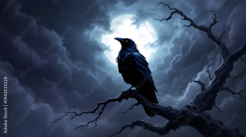 Fototapeta premium Raven perched on branch under full moon