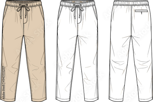 Men's Drawstring Jogger Pants Flat Technical Sketch and Apparel CAD Vector Template