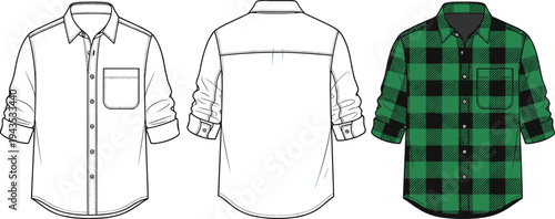 Men's Long Sleeve Button Down Shirt Flat Fashion Sketch, Plaid Flannel Technical Illustration