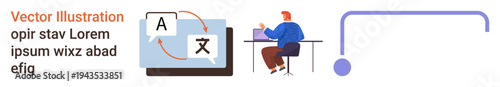 Language learning, remote work, education, translation services, global communication, technology. Monitor with translation symbols and person at a desk. Language learning and remote work concept