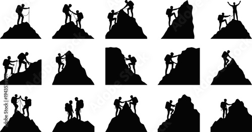 Silhouettes of businessmen and male singers in suits holding microphones and performing, vector illustration set of corporate, music, and entertainment icons, minimal black and white style.