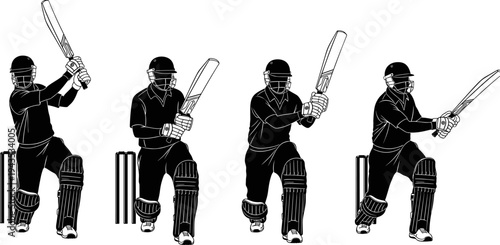 Silhouettes of cricket batsmen in various batting stances, holding bats and wearing protective gear, isolated black and white vector illustration set