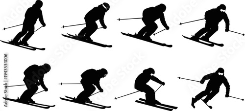 Silhouettes of downhill skiers in various action poses, skiing down a slope, representing winter sports, speed, and mountain recreation vector illustration set
