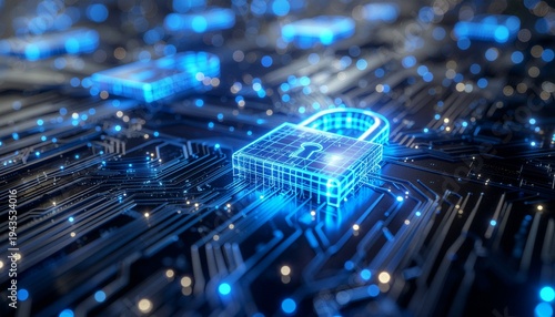 回路基板上のデジタル南京錠（データ保護・暗号化・サイバーセキュリティ）