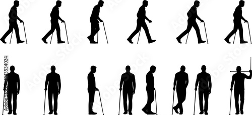 Silhouettes of Elderly Senior Man Walking with Cane, Set of Older Male Character Poses, Retirement Life and Healthcare Disability Assistance Vector Illustration Graphics,
