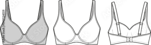 Women Classic Contour Bra Technical Flat Sketch Vector Illustration Set in Front and Back View