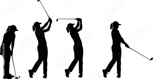 Silhouettes of female golfers swinging a club and preparing to putt, representing action, fitness, and professional women's golf sport vector illustration set