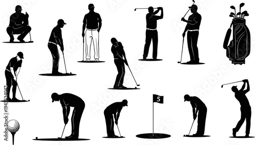 Silhouettes of golf players in various poses like swinging, putting, and squatting, featuring clubs, ball, bag, and flag, isolated vector illustration set