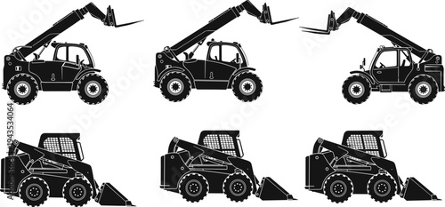 Silhouettes of heavy construction machinery, featuring telehandler telescopic handlers and skid-steer loaders with buckets, industrial equipment vector set