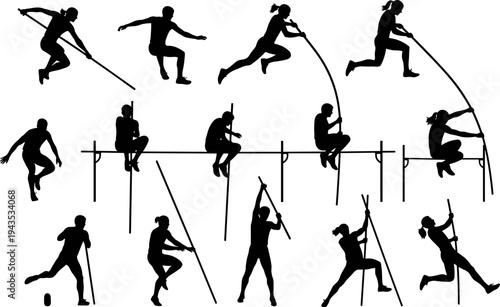 Silhouettes of male and female athletes performing pole vault, depicting various stages of the jump, practice, and celebration, isolated black vector collection
