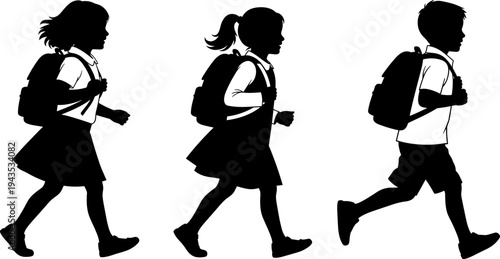 Silhouettes of male and female students running with backpacks in school uniform, representing education, childhood, and return to school vector illustration set