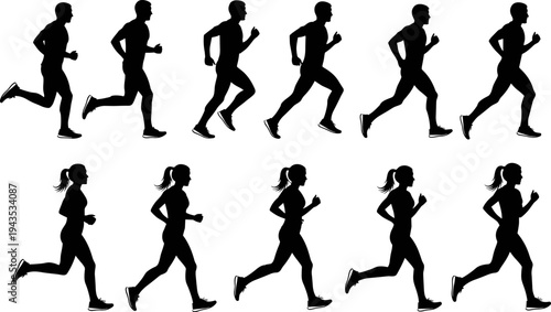 Silhouettes of male and female runners jogging in motion, representing fitness, marathon training, exercise, and active healthy lifestyle vector illustration set