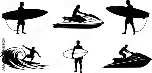 Silhouettes of male and female surfers holding boards, surfing on waves, and riding a jetski, representing water sports and summer vacation vector illustration set