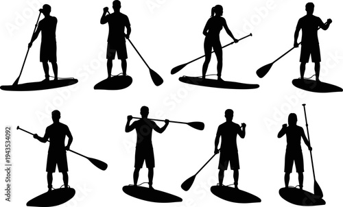Silhouettes of male and female stand up paddlers on boards with paddles, representing summer water sports, fitness, and lake recreation vector illustration set