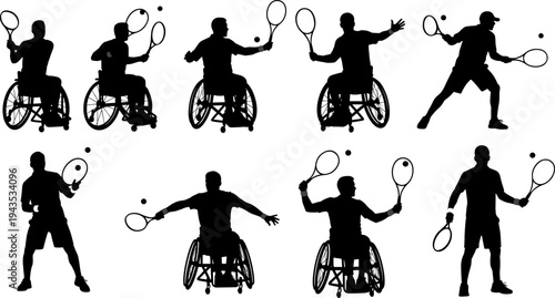 Silhouettes of male athletes playing tennis, including standing players and wheelchair tennis action, representing adaptive sports and competition vector illustration set