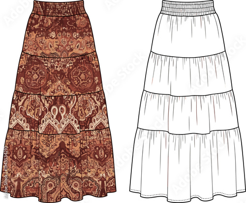 Tiered Maxi Skirt Flat Sketch, Boho Paisley Pattern and Blank White Long Skirt Fashion Illustration